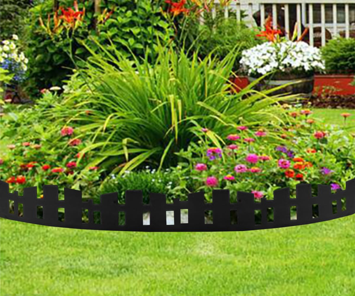 Bordo per prato, 10 m, bordo da giardino [extra alto 4,6 pollici], bordo flessibile per paesaggi con 60 paletti, mini recinzione in plastica per alberi, aiuole, erba, cortile, nero