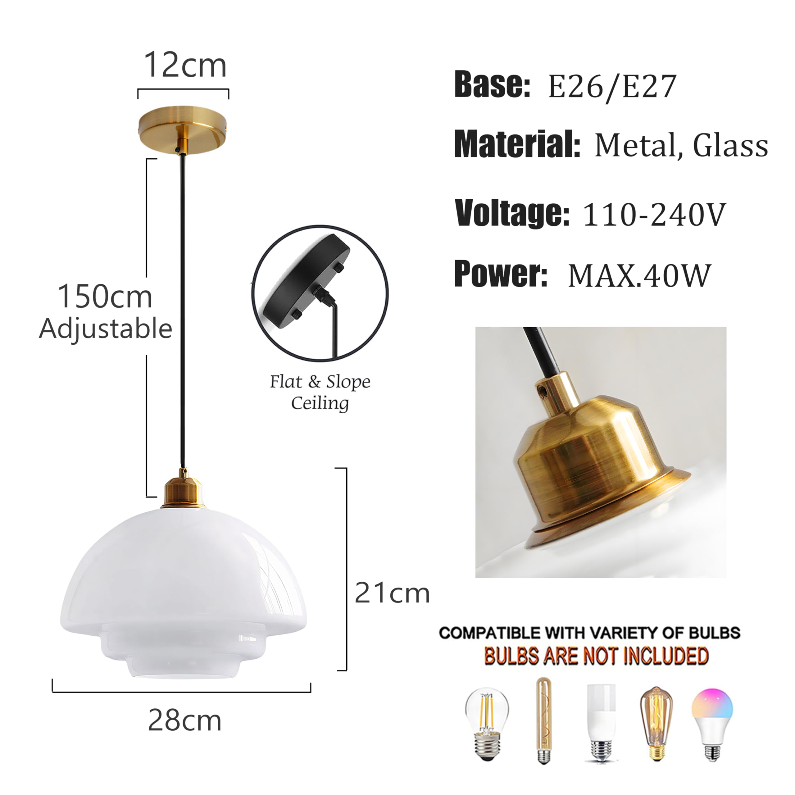 Mid-Century lampa wisząca z mlecznego szkła ze złotym metalowym uchwytem, lampa wisząca w stylu vintage, E27, na wyspę kuchenną, do jadalni, salonu (biała, B)