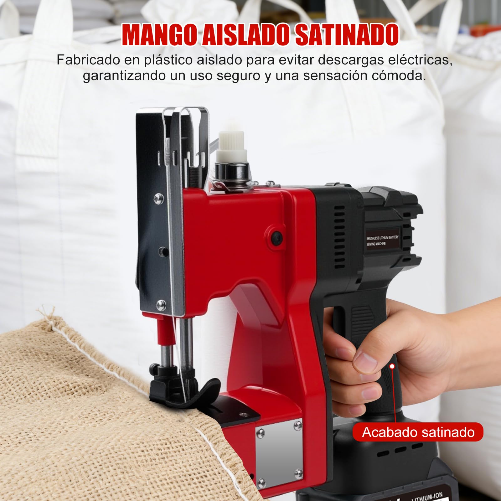 Máquina de Coser Bolsas Eléctrica, 21V maquina coser sacos portatil de Mano con 2 baterías 1300mAh, 210W Selladora Eléctrica Sacos inalámbrica, grosor 0.2-10 mm, para sacos tela saco arenas saco yute