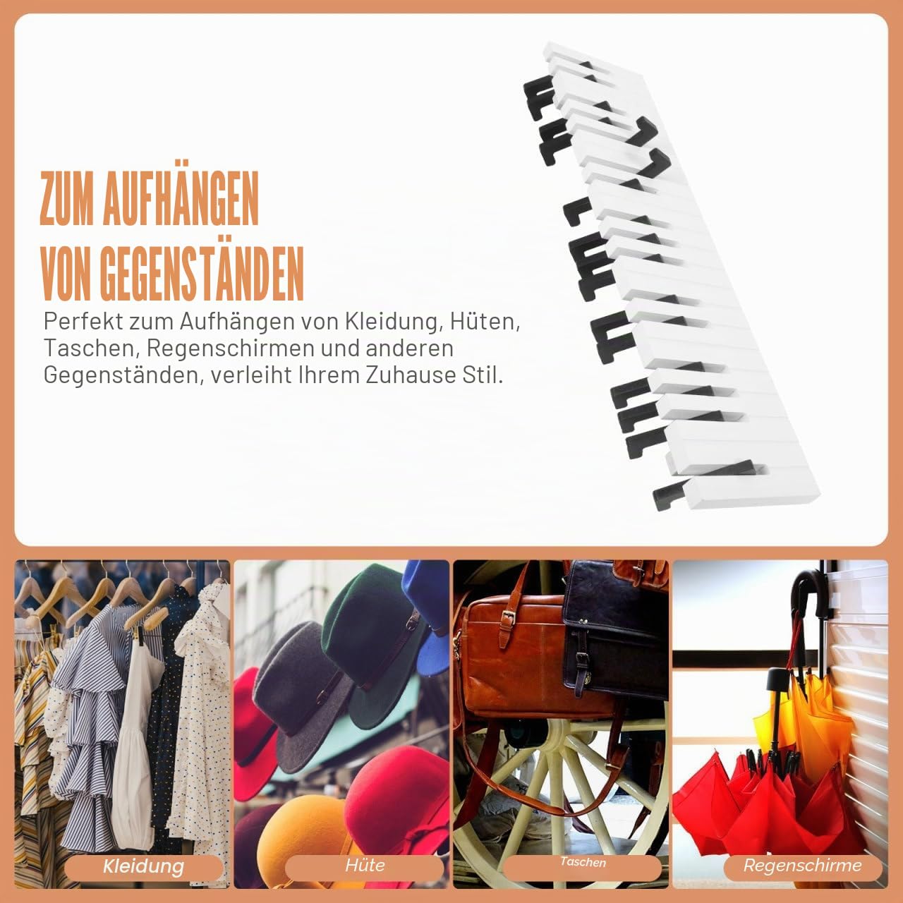 Haken in Klavierform, kunstvoller Haken für Zuhause, Aufbewahrung, für Mäntel, Kleidung, Wandmontage, Hut, Schlafzimmer, Wohnzimmer, Badezimmer (schwarz)