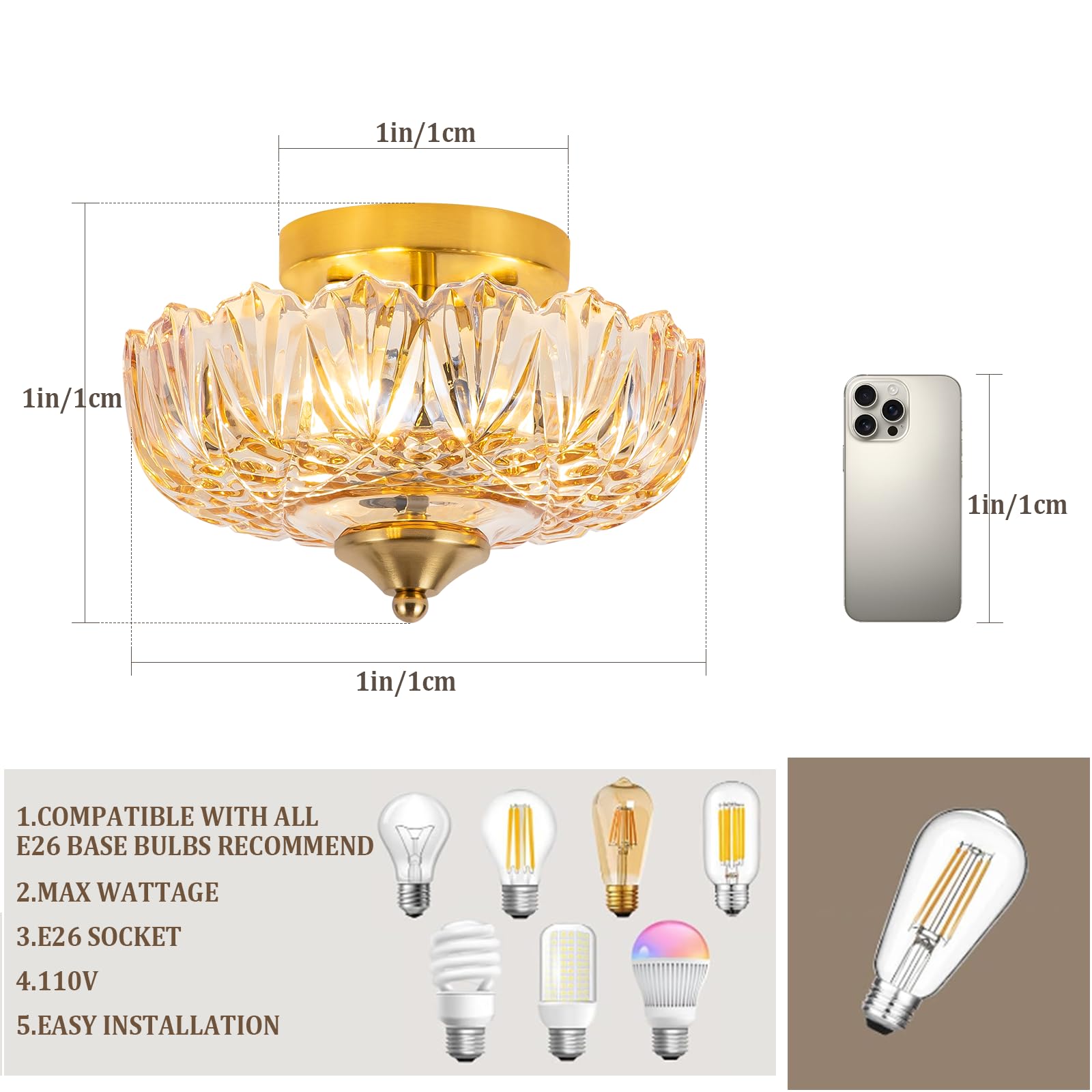 Deckenleuchte Vintage mit lampenschirm Bernstein glas E27 25cm halbbündige Bernstein 3Licht Deckenlampe Vintage Glas für Schlafzimmer Flur Küche Esszimmer Wohnzimmer-Glühbirne nicht enthalten