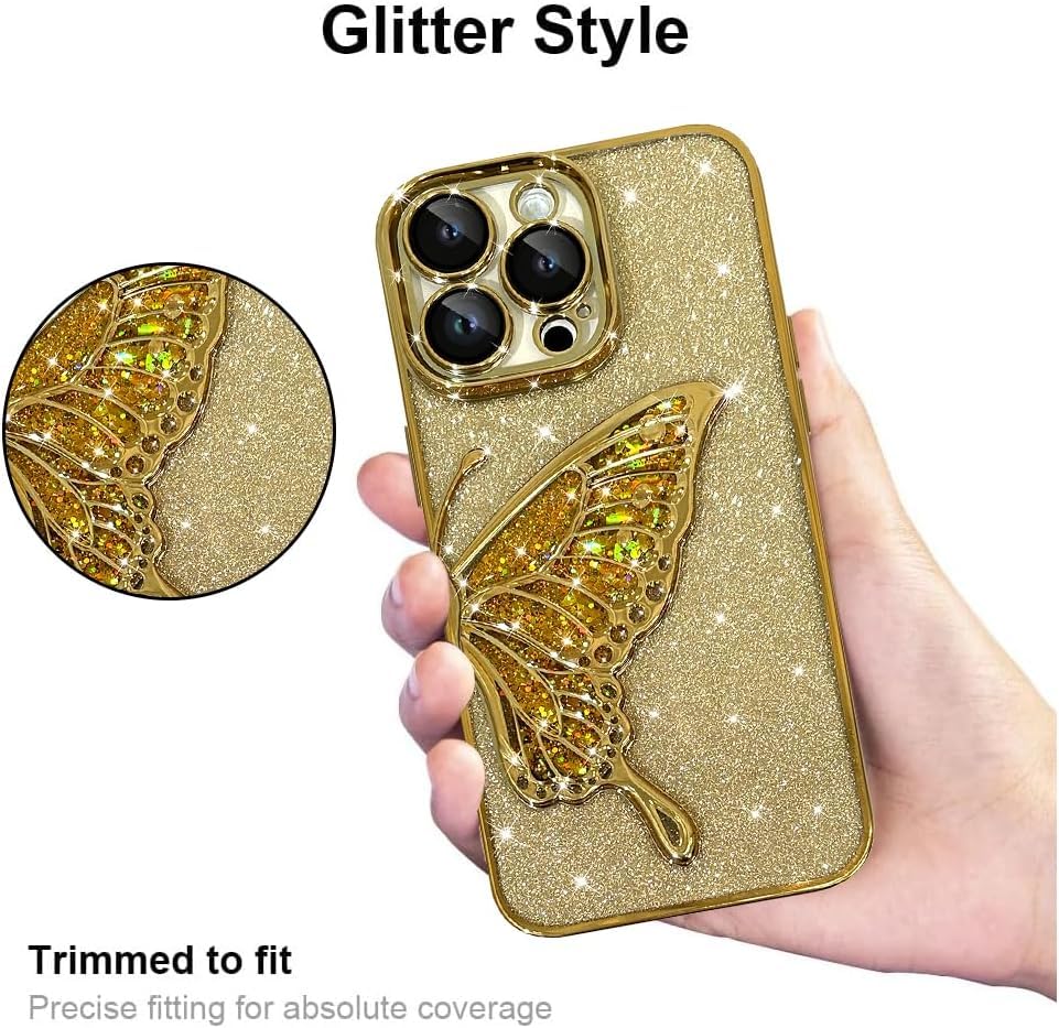Image of SHINESTAR 3D Butterfly Case for iPhone 15 Pro Max Cover, Cute Girly Glitter Bling Luxury Back Cover for Women Girls Protective Shockproof Slim Camera Protection for iPhone 15 Pro Max - Gold