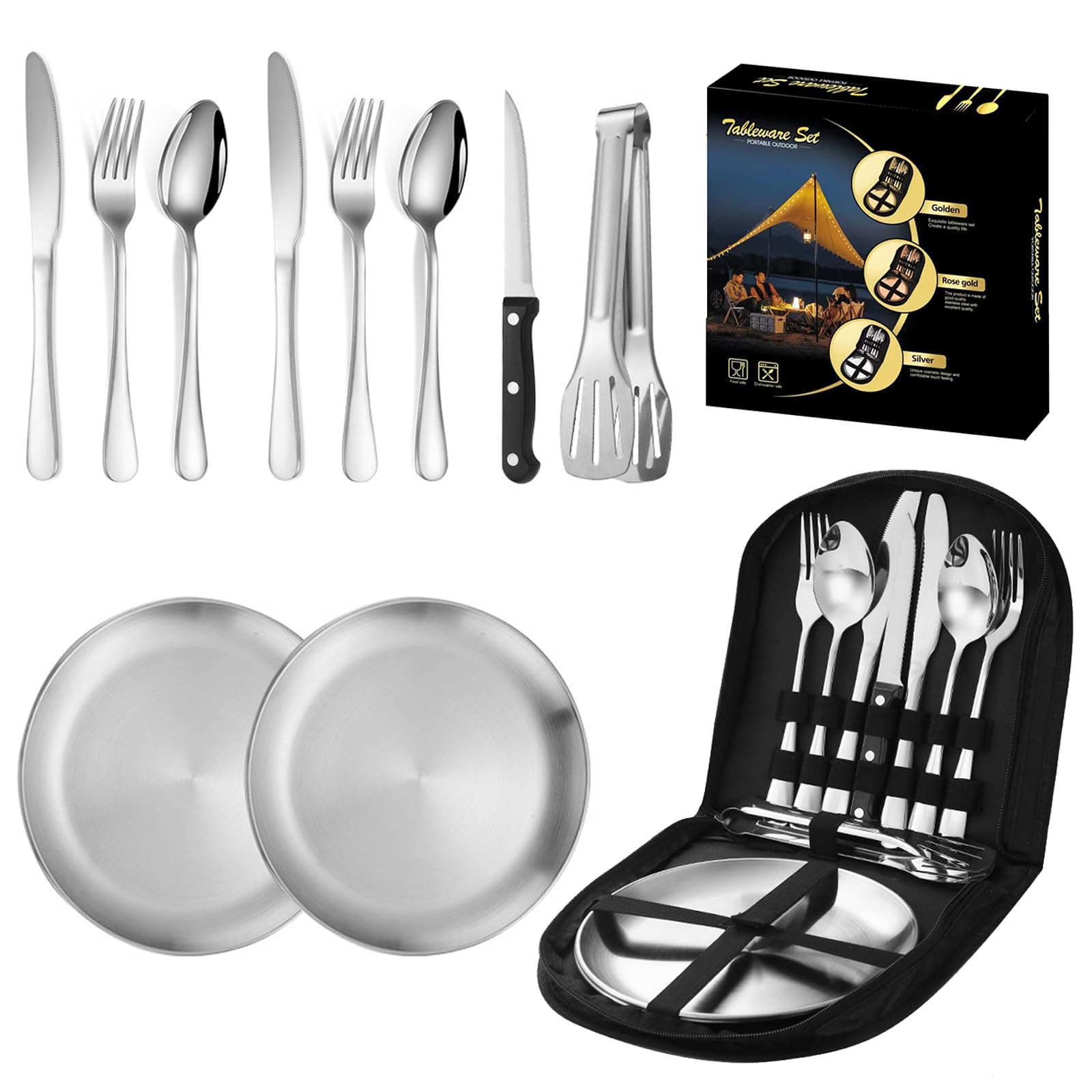 Set di 10 posate da campeggio in acciaio inox, 1-2 persone, posate da viaggio all'aperto con piatto, ciotola, bicchiere, forchetta, cucchiaio e borsa per posate, per campeggio, picnic, escursioni (blu