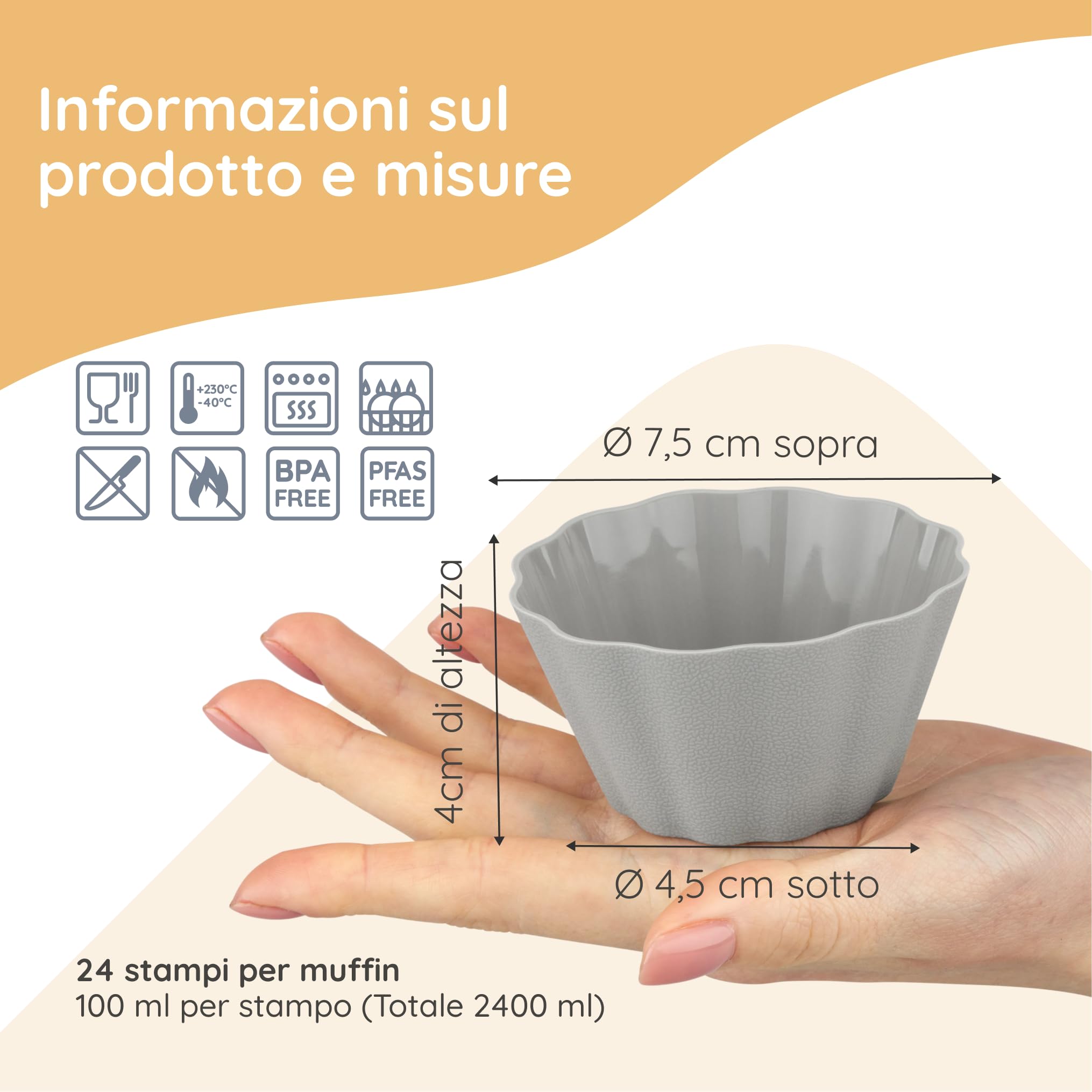Backefix Stampi per muffin riutilizzabili in silicone senza BPA, in set da 24 pezzi, conformi agli standard tedeschi, antiaderenti senza grassi, stabili e spessi, stampi per muffin singolarmente da