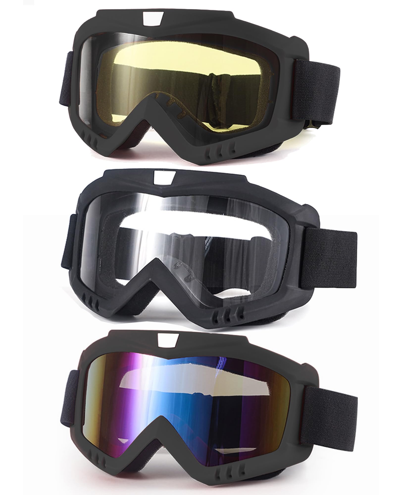 immoono 3 Packs Motocross Goggles - Dirt Bike, ATV, UTV, MX & Offroad Riding Goggles with OTG & Skiing Lens Options