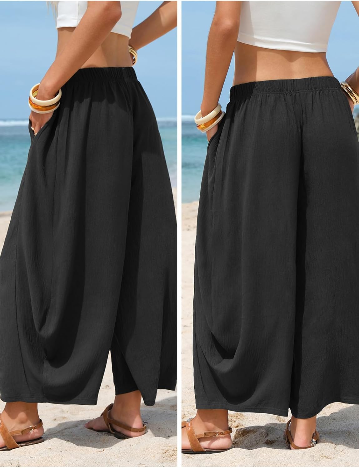EXLURA Womens Faux Linen Wide Leg Boho Flowy Pants Summer Palazzo Casual Elastic Waist Baggy Trousers Beach Vacation Pockets