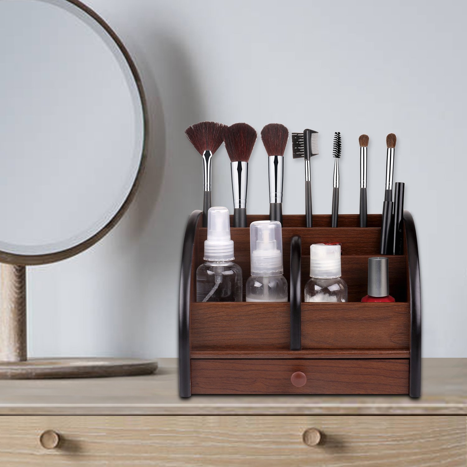 Flexzion Wooden Remote Control Holder Caddy Desktop Organizer With