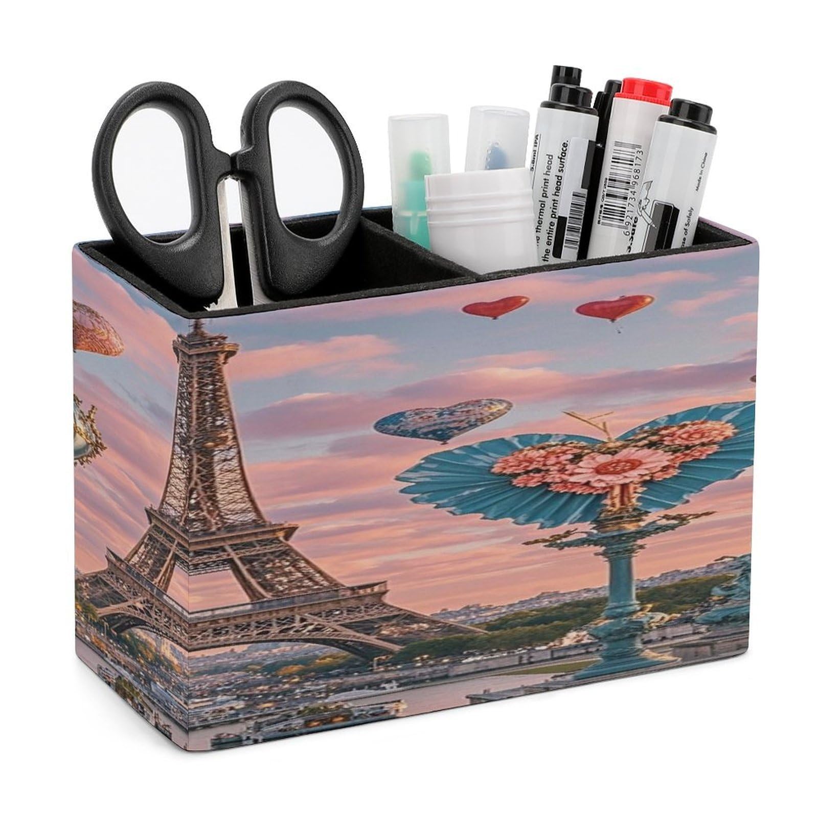 LZQPOEAS Romantic Paris Eiffel Tower 2 Leather Pen Holder with 2 Compartments Luxury Pencil Holder Minimalist Pencil Cup Brush Scissor Holders Elegant Pen Cup for Office Home Desk Accessories