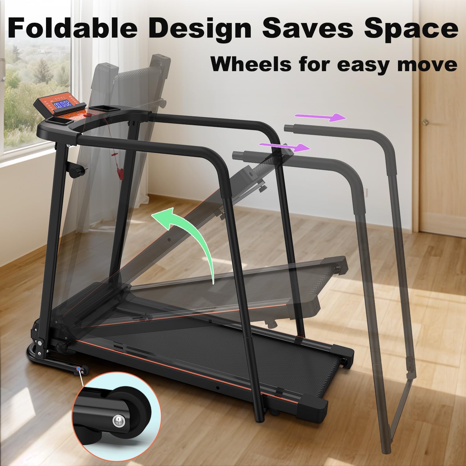 Walking Treadmill for Senior with Long Handrail Foldable Recovery Fitness Exercise Machine with Cup Holder LCD Display 300 lbs Weight Capacity for Home