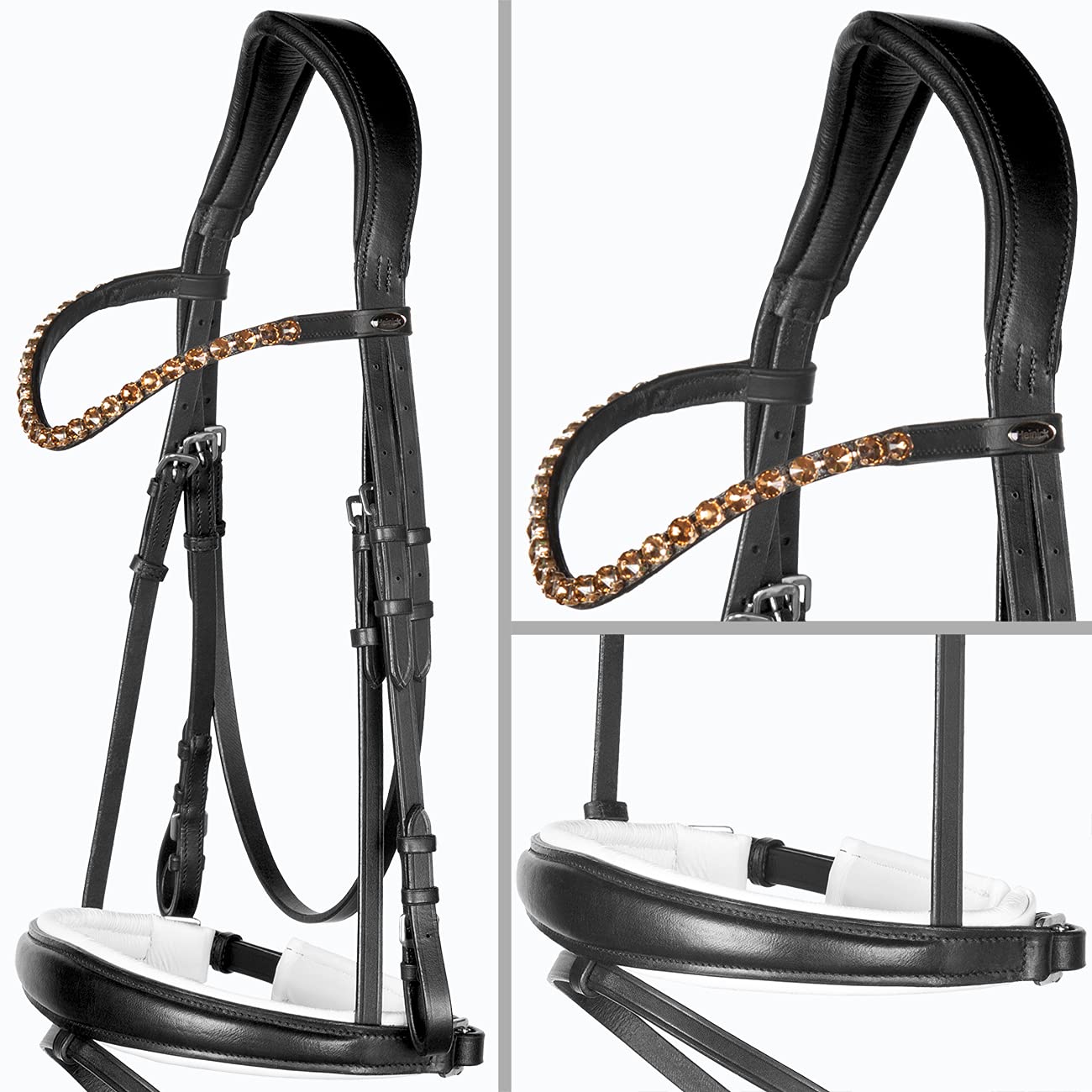 Trense anatomisch Performance Schwarz Weiß ~ Glow-Gold ~ Warmblut