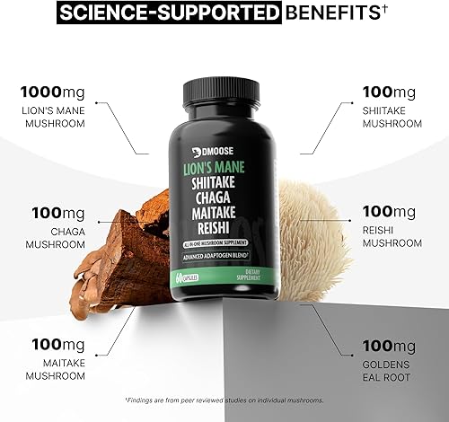 Miniatura 8 de Complejo de hongos melena de leones  5300 mg Mezcla adaptogénica para la memoria, el enfoque y el apoyo inmunológico  5 en 1 Lionsmane, Chaga,