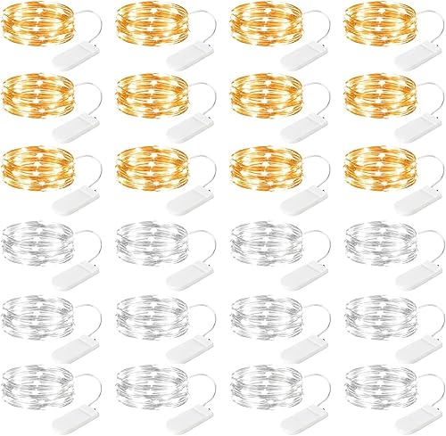 Minetom Paquete de 24 luces de hadas que funcionan con pilas, 7 pies, 20 luces LED impermeables de Navidad, alambre plateado, luciérnaga, luna