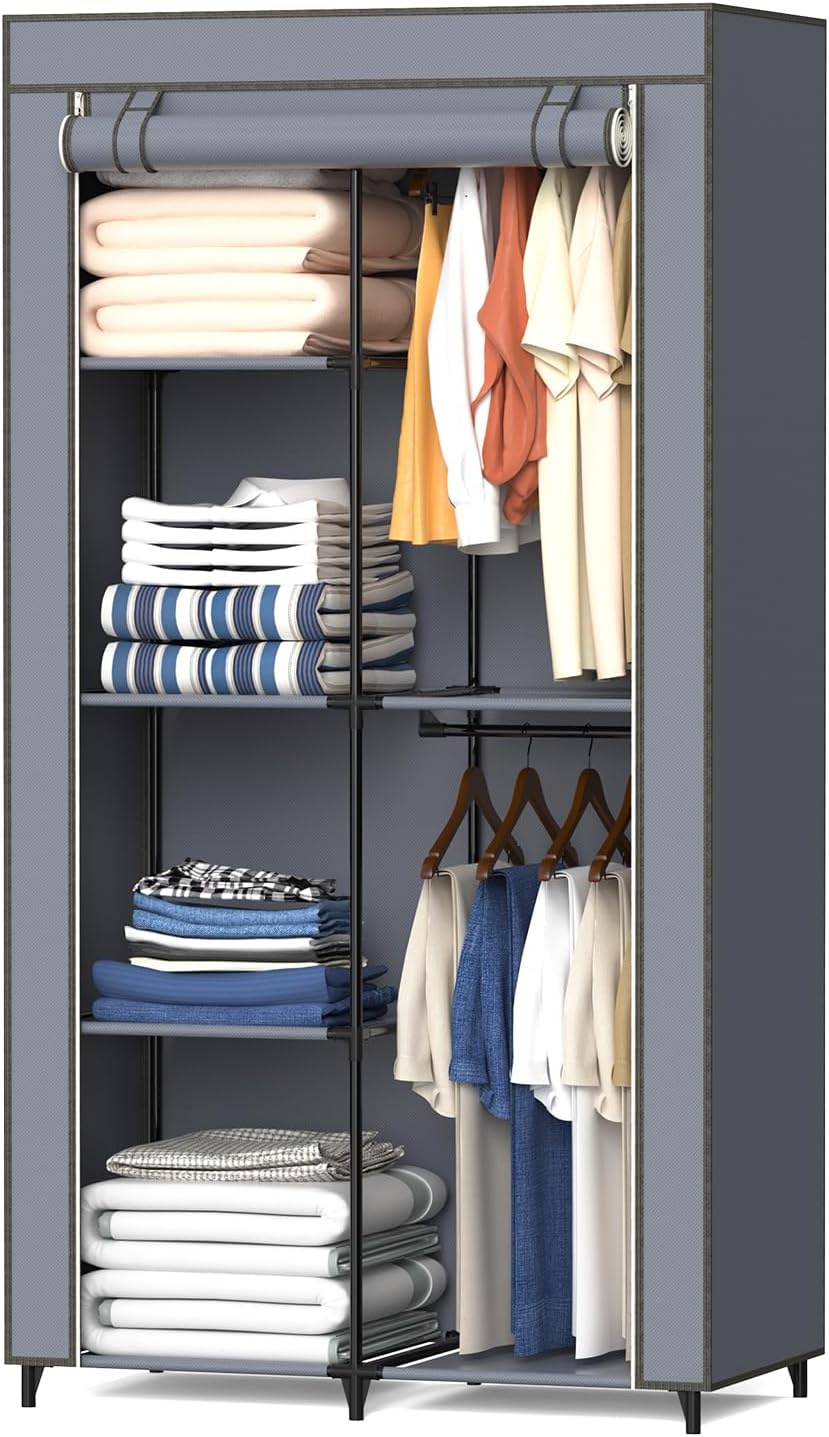 Portable Closet, Wardrobe Closet with 10 Storage Shelves and 2 Hanging Rods, Non-Woven Fabric Cover, 52.4 x 18.1 x 66.6 Inches Closet Organizer for Bedroom, Gray