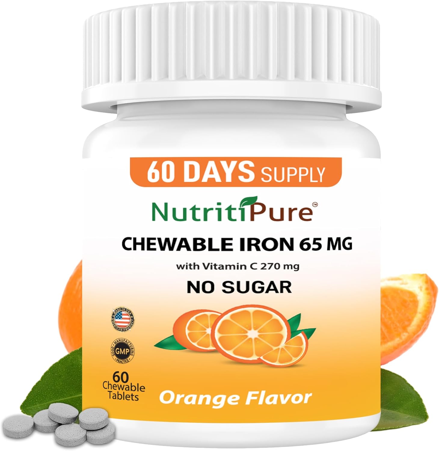Chewable Iron 65 mg with Vitamin C 270 mg (for Women/Men) |60 Days Supply | No Sugar- Zesty Orange Flavor Supplement 60 Count Chewable Iron 65 mg with Vitamin C 270 mg (for Women/Men) |60 Days Supply | No Sugar- Zesty Orange Flavor Supplement 60 Count