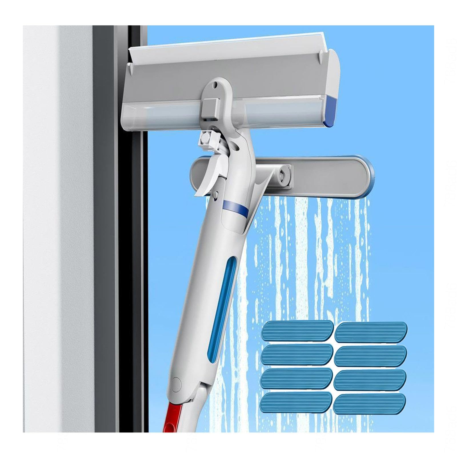 Window Cleaner Telescopic Scraper Rotatable Head Two Spray Modes Sponge Window Squeegee with Water Tank and 8 Pads for Shower Glass Car Window