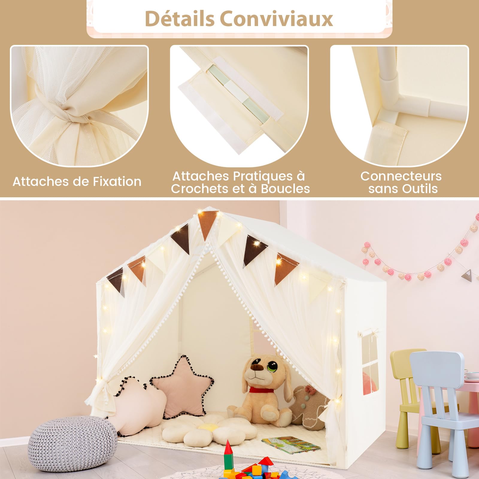 COSTWAY Tente de Jeux Enfant avec Rideaux en Tissu & Moustiquaire, Cabane Enfant Intérieure avec Guirlandes Lumineuses Étoiles & Fanions à Carreaux, Tapis Lavable, Maison de Jeux pour 3 Ans+