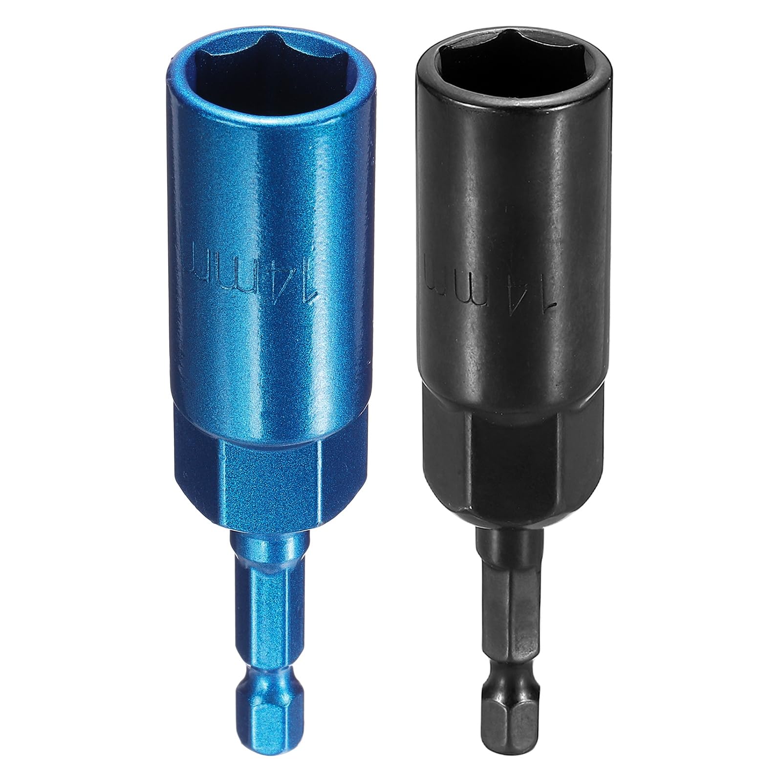 sourcing map 2pcs Nut Driver Drill Bit 14mm Metric Socket 1/4" Hex Shank 3.15" (80mm) Extra Long 6-Point Sockets Quick Change Cr-V Steel Bolt Setters for Power Drill Drivers, Black/Blue