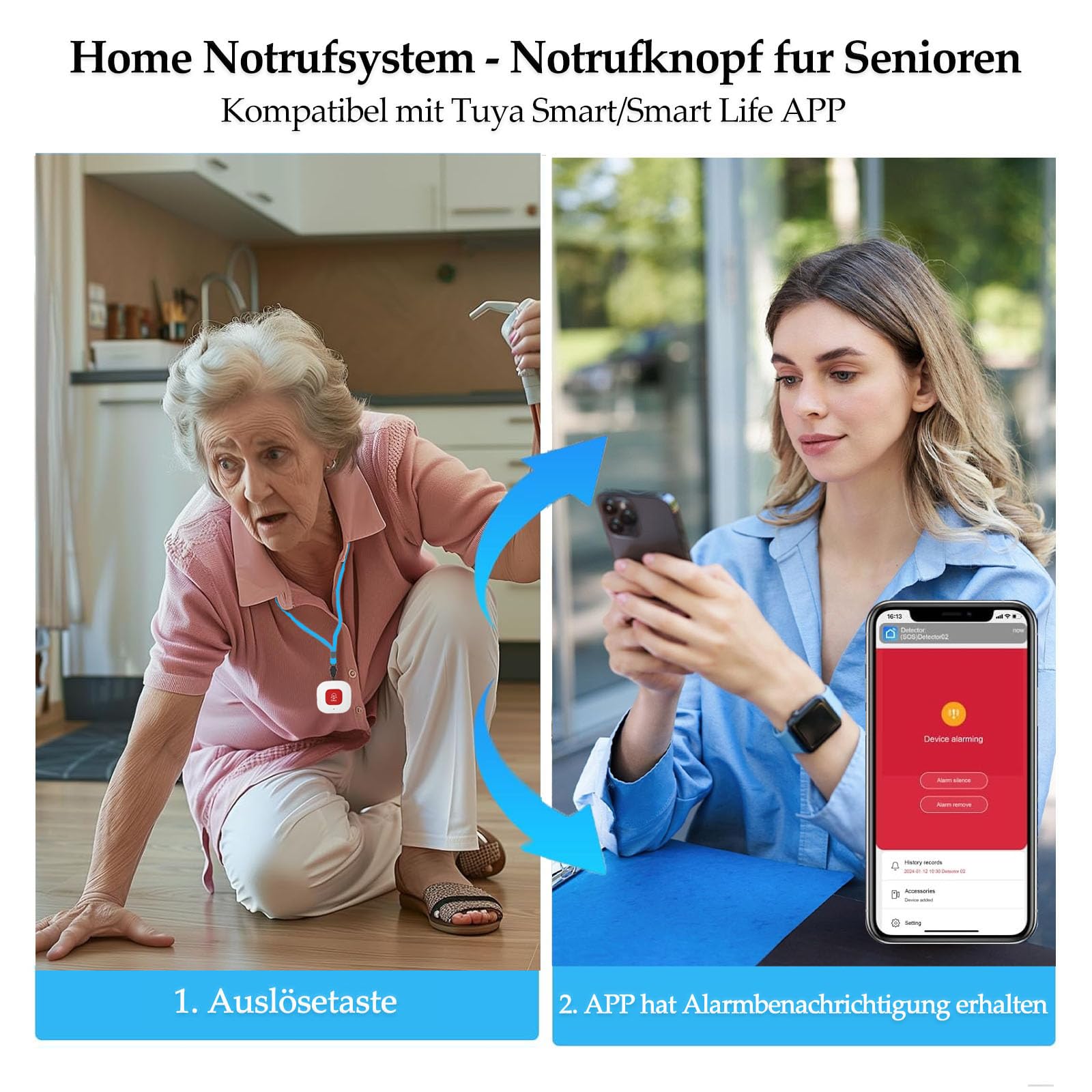 Bouton d'urgence Smart pour Seniors WiFi, Bouton d'urgence SOS Personnel, Appel d'urgence Domestique WLAN, Compatible avec Tuya Smart/Smart Life/Alexa pour Patients âgés, Enfants