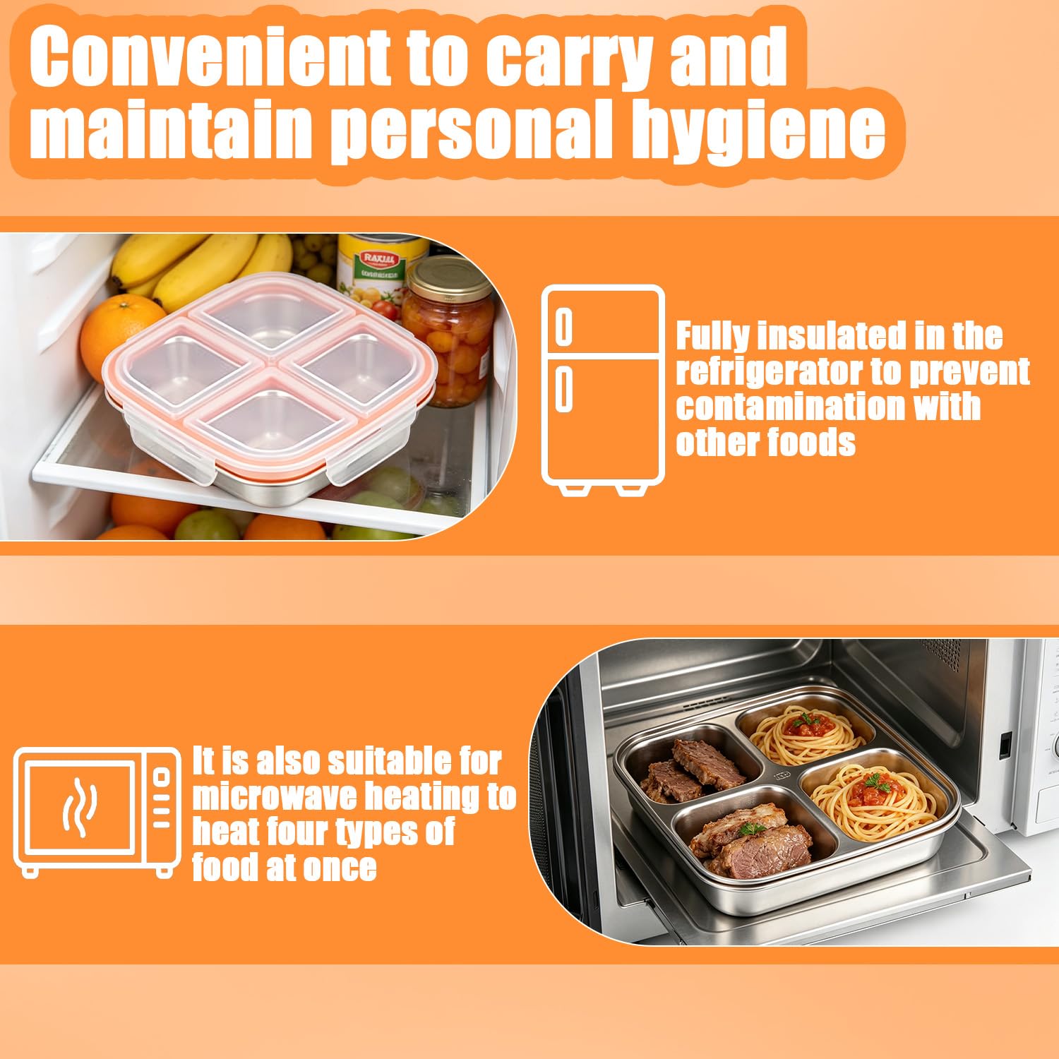 2 szt. lunchboxów z 4 przegródkami, 600 ml stal nierdzewna, szczelne bento boxy z pokrywką, wielokrotnego użytku, do szkoły, pracy i na camping