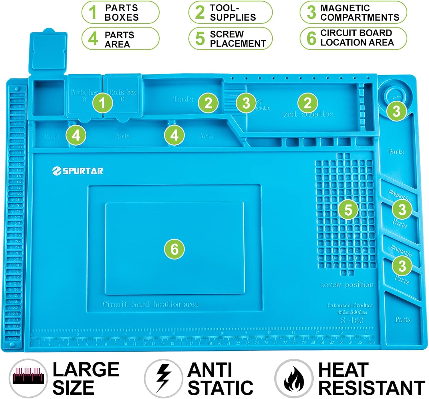 Spurtar Soldering Mat, 17.7 x 11.8 Inch Silicone Soldering Mat Repair Mat Heat Resistant 932°F Anti Static Magnetic Work Mat for Electronic, Soldering, Phone, Laptop, iPad, Watch Repair, Blue, S-160