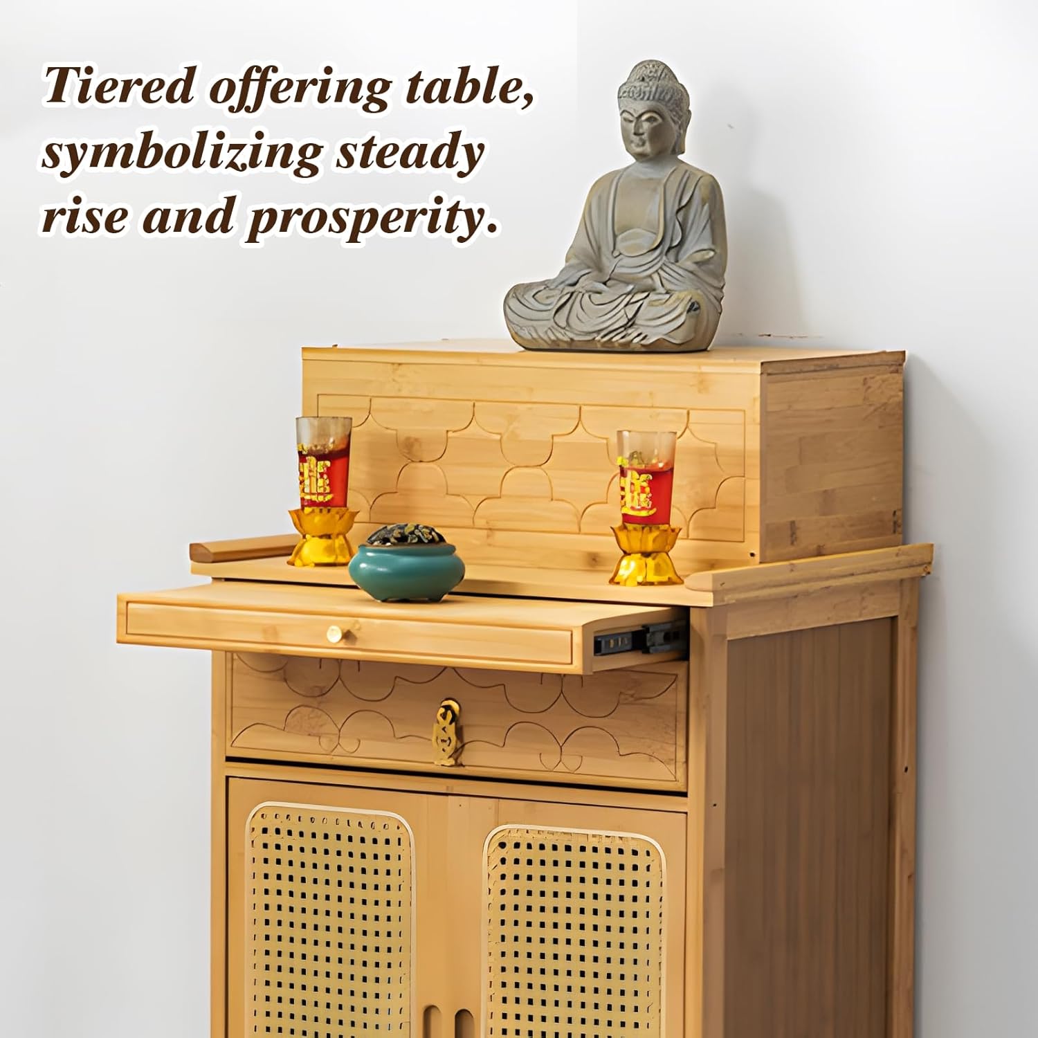 Bamboo Altar Table, Chinese Buddhist Altar Cabinet with Storage, Meditation Pooja Cabinet, Pedestal Offering Table for Living Room, Temple Worship