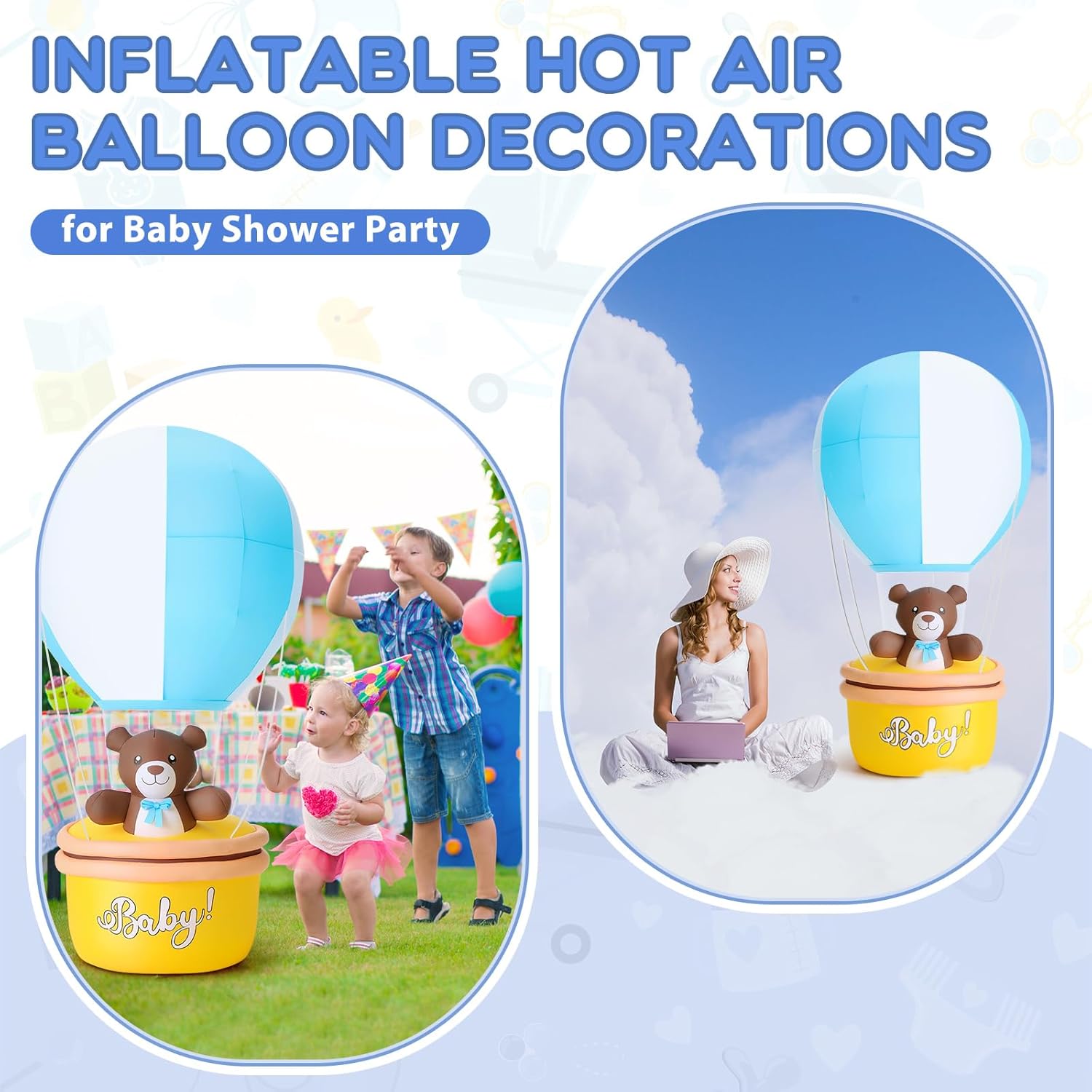 5 FT Inflatable Hot Air Balloon Decoration with Bear Basket, Baby Shower Yard Decoration, Blue Gender Reveal Centerpieces Decor for Nursery Birthday Party Indoor Outdoor