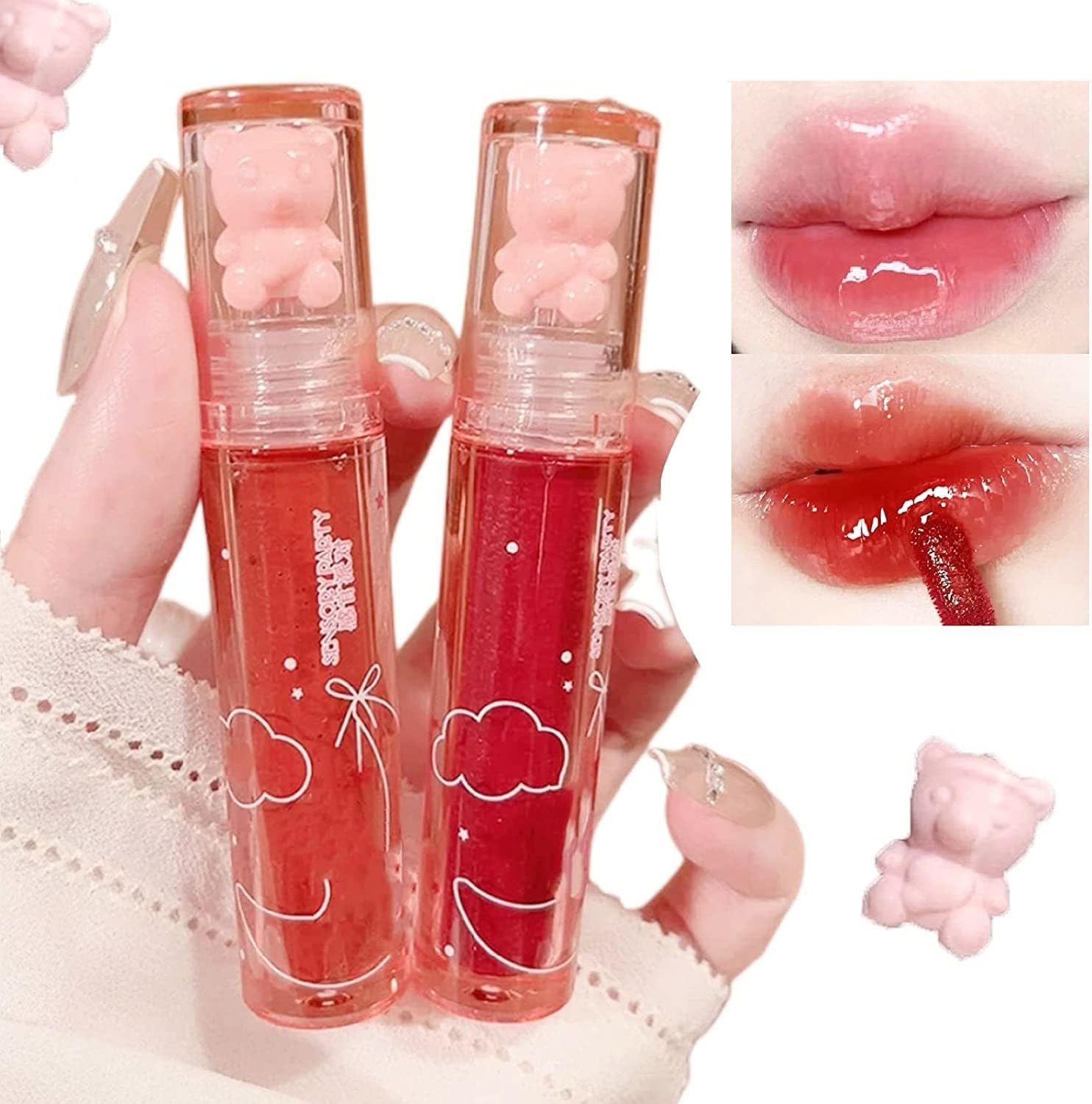 2Pcs Bear Lip Glaze Jelly Lipstick,Liquid Lipstick Cute Bear Lipgloss Moisturizing Lip Stain Plumping Water Lip Gloss Waterproof Long Lasting Cheek Rouge Tint Cosmetics Bear Beauty Makeup