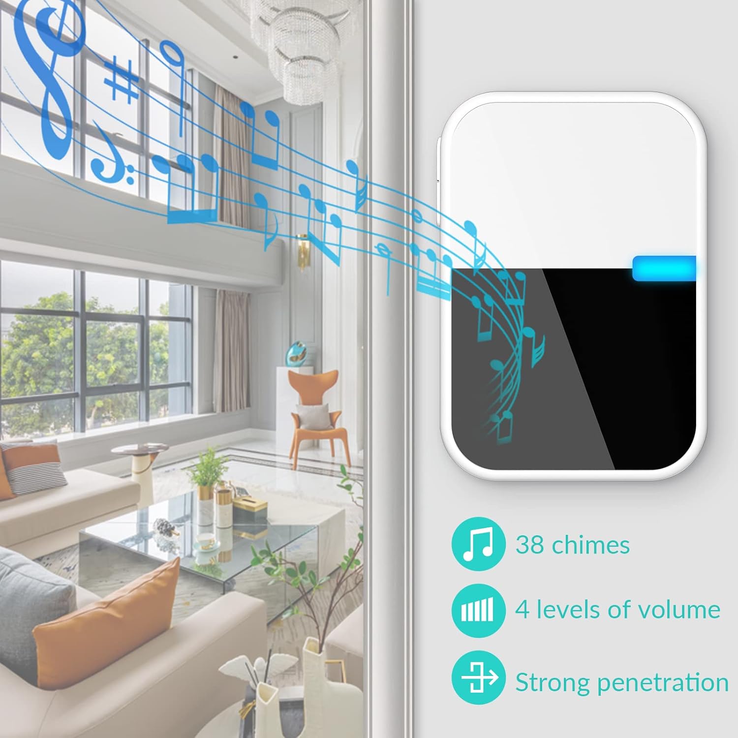 esLife Wireless Doorbell Receiver and Transmitter with musical notes indicating 38 chimes, 4 volume levels, and strong penetration.