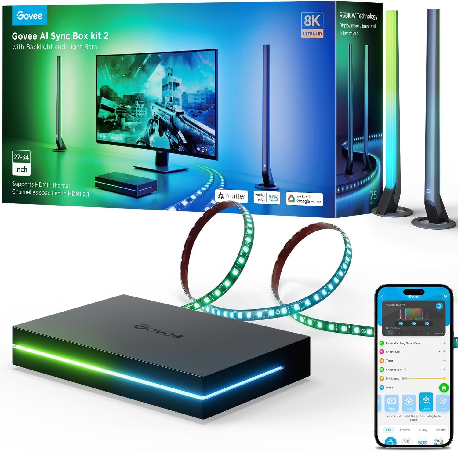 Govee HDMI 2.1 Sync Box Kit 2, con barra de luz y tira de LED y AI Sync Box | admite 8K@60Hz, 4K@144Hz, VRR y ALLM, funciona con Matter y Alexa, retroiluminación de monitor de 27-34 pulgadas