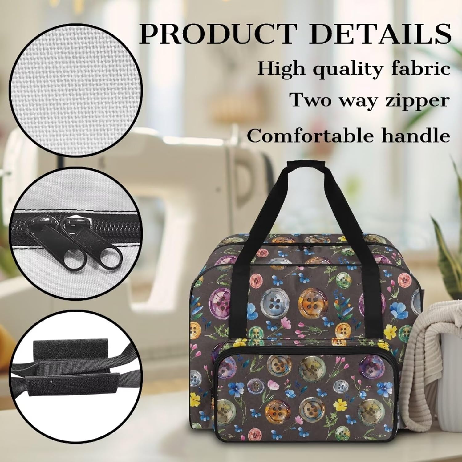 Sewing Machine Storage Bag Large Capacity Dust Bag Universal Travel Tote Bag Portable Sewing Machine Carrying Case for Most Standard Size Sewing Machines and Accessories, Button Floral Leaf