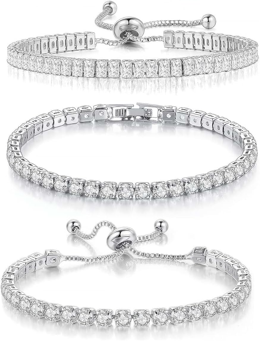 mkemka3Pcs Bracelets for Womens Adjustable Silver Colour Tennis Bracelet for Women Ladies Bracelet for Mother Wife Friend