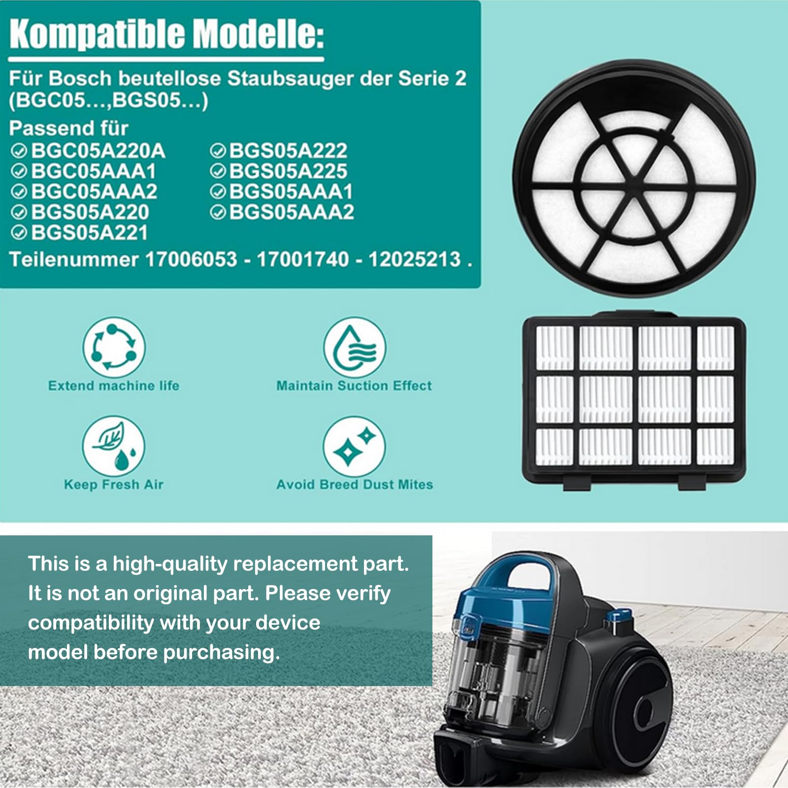 Filterset Geschikt Voor Bosch Serie 2 | BGC05... BGS05... | BGC05A220A, BGC05A320, BGC05A322, BGC05AAA1 | Compatibel met Bosch BBZ152EF | Uitlaatluchtfilter Motorbeschermingsfilter