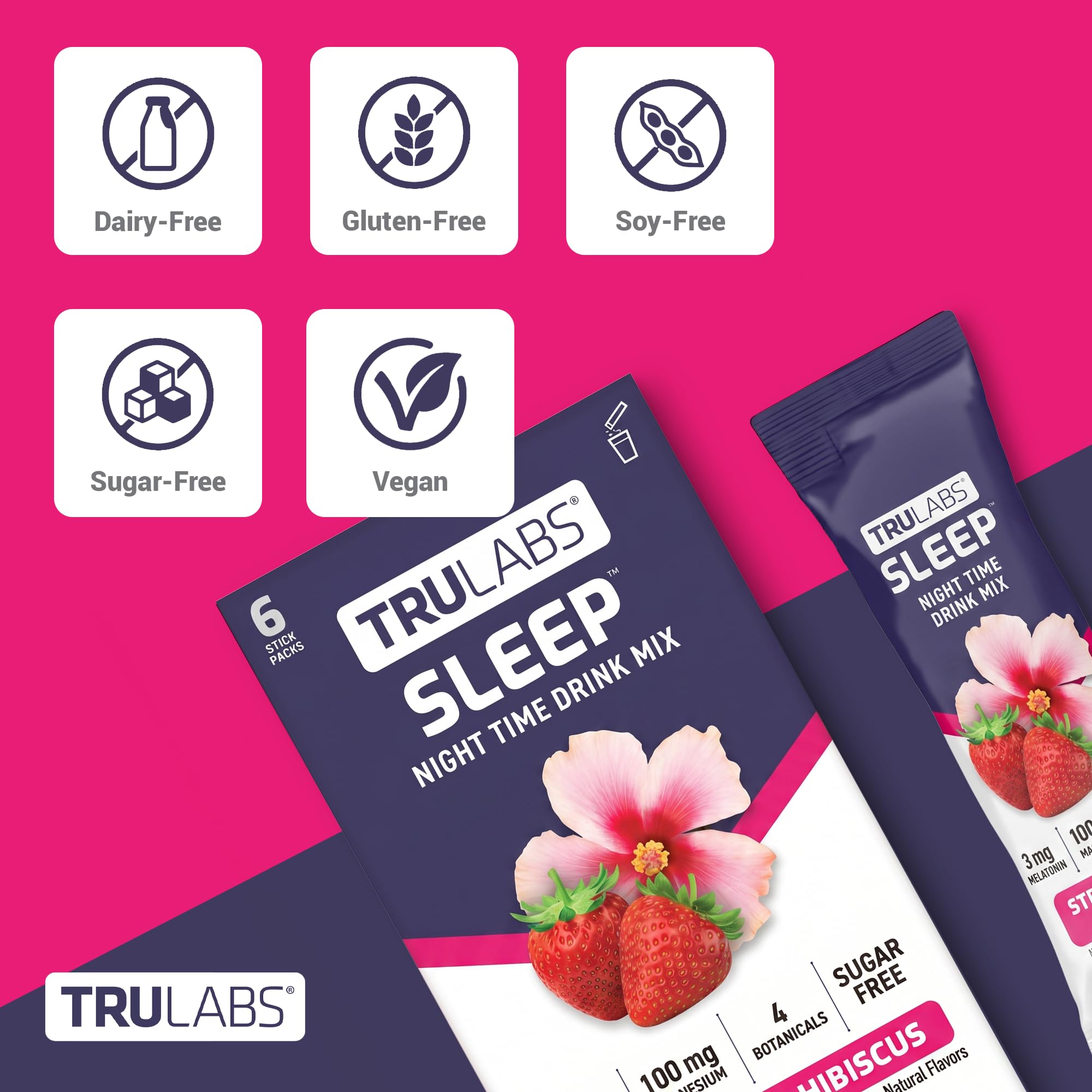 TRULABS Sleep Drink Mix – Strawberry Hibiscus Flavor, Sugar-Free Nighttime Sleep Powder Drink Mix with 100mg Magnesium, 750mg GABA & 3mg Melatonin, (6 Stick Packs) — Amazon image 3