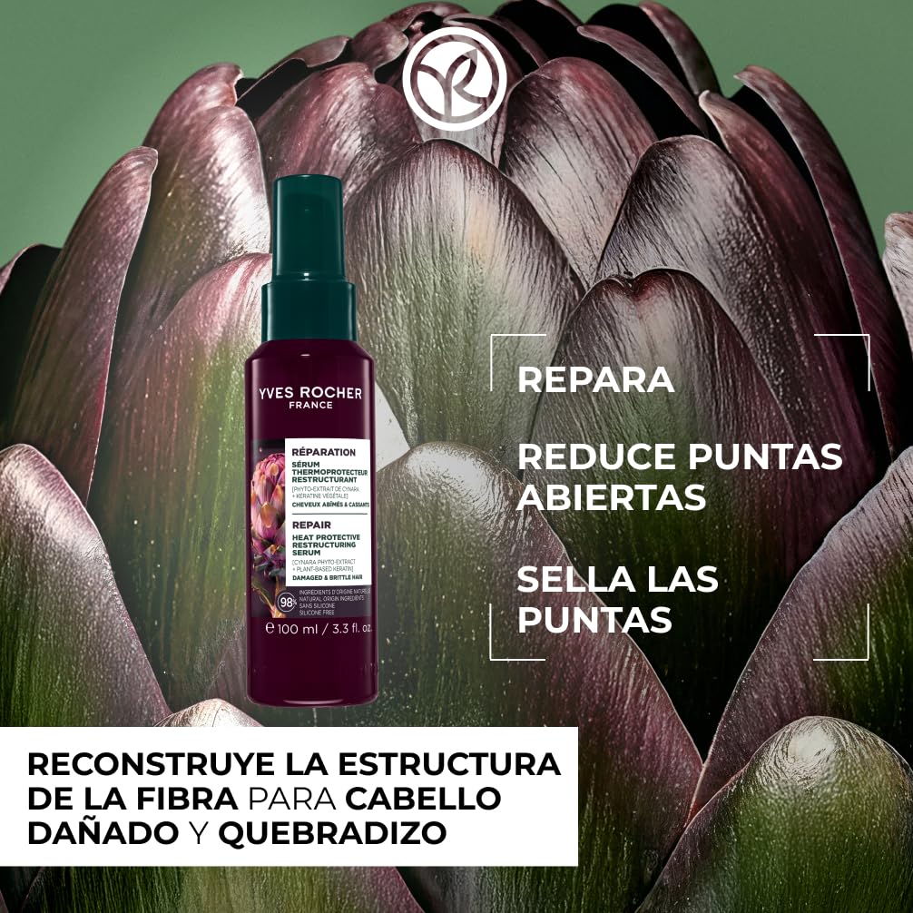 Yves Rocher Sérum Reestructurante para cabello dañado y quebradizo con Protección Térmica – Repara 2 años de daños en 1 uso – Protección hasta 230 °C – Con cynara y queratina vegetal – 100 ml