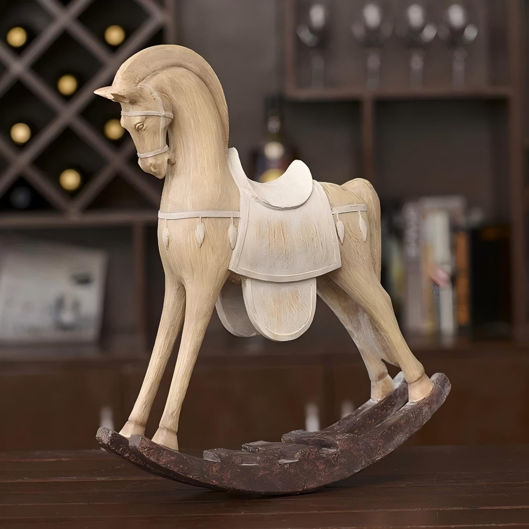 OMELPIS Imitation Wood Grain Resin Statue Creative Art Rocking Horse Sculpture Ornaments Modern Simple Home Office Décor Crafts for Living Room TV Cabinet Shelf Table Desk Foyer Decorations Gifts H'30