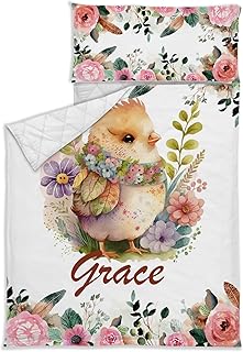 Personalized Toddler Nap Mat for Preschool Daycare, Customized Name Sleeping Bag with Pillow Case and Blanket Quilt, Super Soft & Cozy Nap Mats for Kids Girls, Cute Chick Quilted Nap Mat