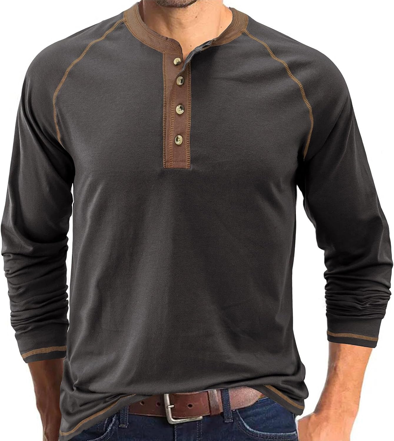 Mens Henley Shirts Long Sleeve Casual Button T-Shirts Cotton Basic Tee Shirts Slim Fit Raglan Sleeve Vintage T Shirts