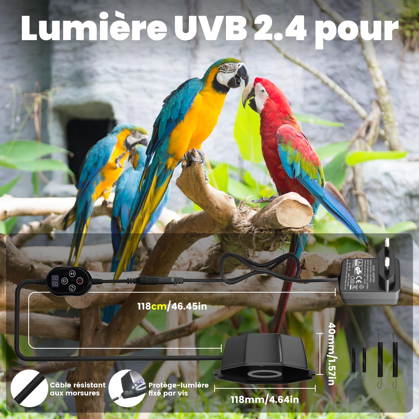 GlowUp Lampe Oiseau UVB 2.4 10W, Lumière LED à Spectre Complet pour Oiseaux avec Cordon Résistant à la Mastication, Luminaire Octogonal Dimmable pour Cage avec Prise EU et Contrôleur pour Perroquets