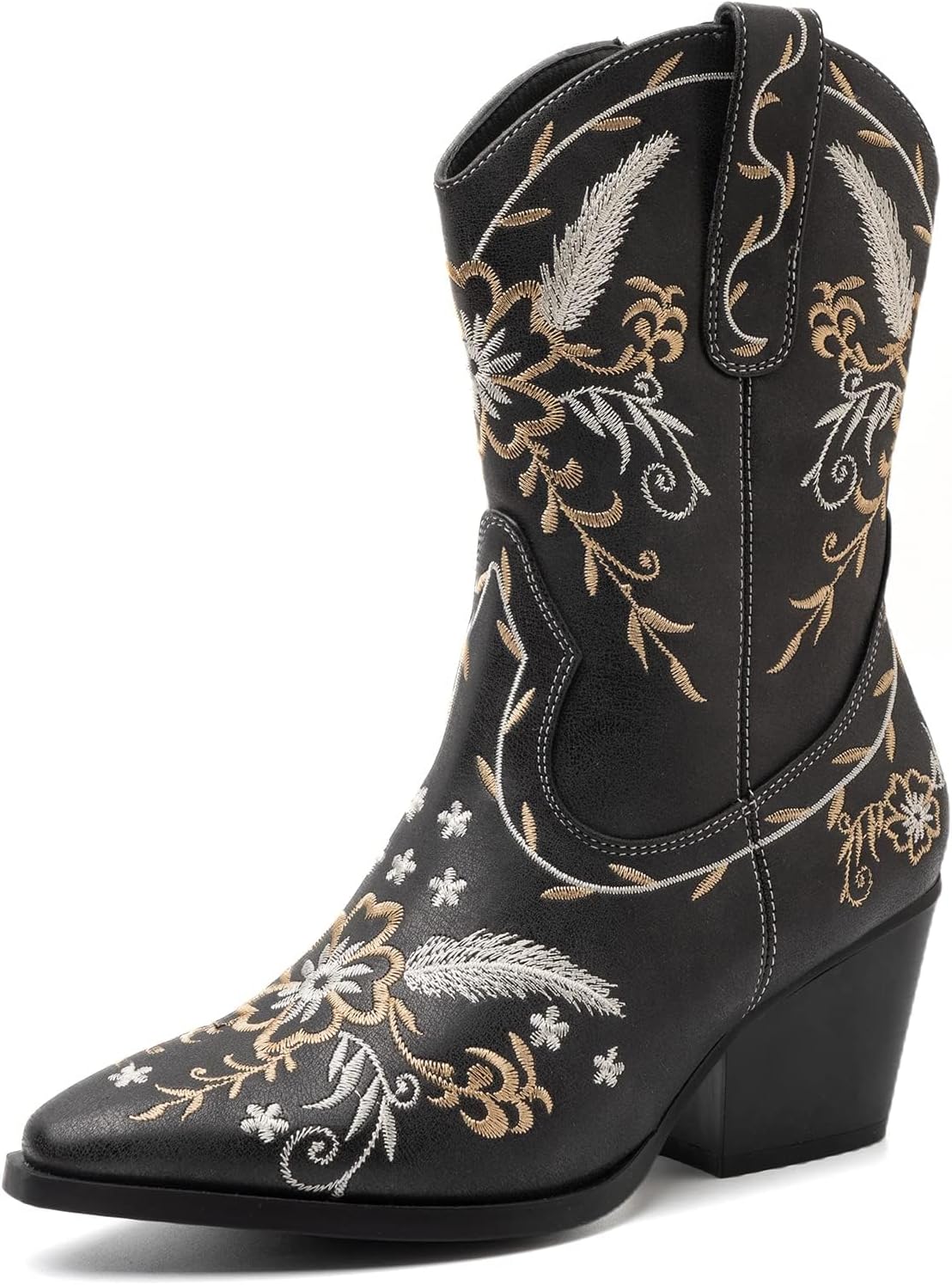ANJOUFEMME Womens Wide Calf Cowboy Boots, Western Cowgirl Mid Calf with Gold Embroidery, Chunky Heel Zip Up Pointed Toe Boots