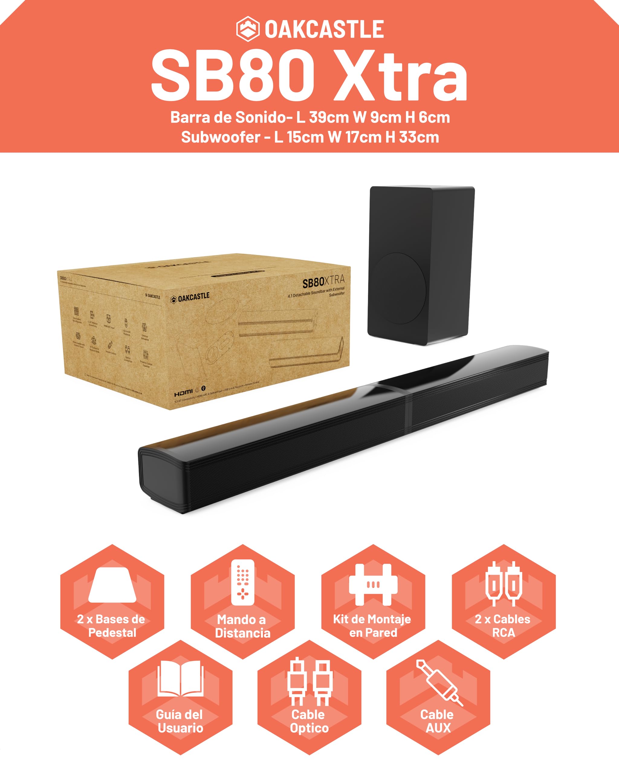 Oakcastle SB80 Xtra Barra de Sonido TV Home Cinema 200W 2.1 Canales Bluetooth 5.3 HDMI ARC Óptica AUX USB