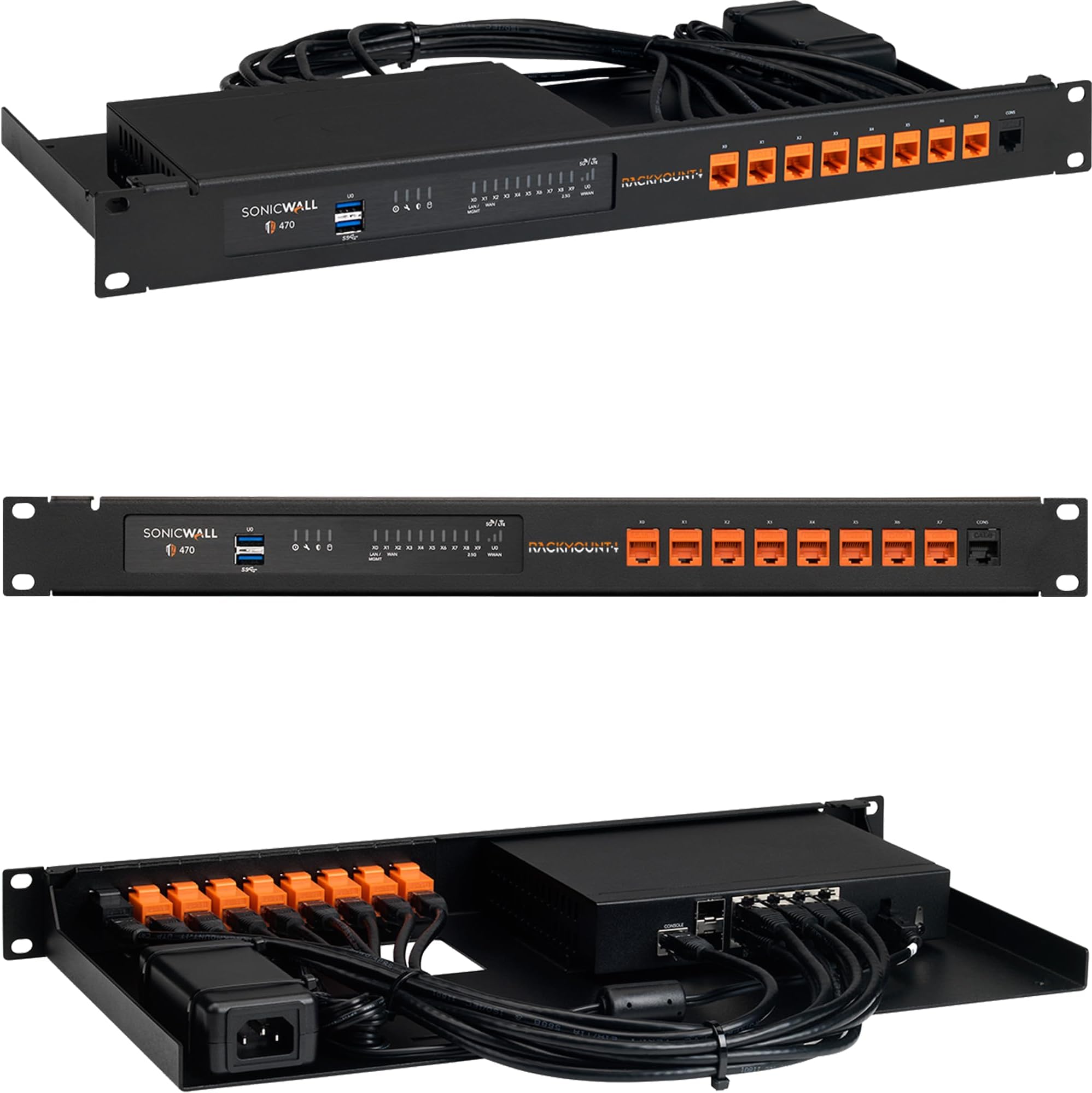 Rackmount.IT RM-SW-T10 Rack Mount Kit for SonicWall TZ270, TZ370, and TZ470 Firewalls – 1U, Front Ports, Black Steel (RM-SW-T10)