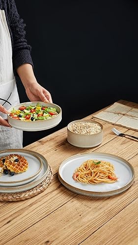 Miniatura 3 de Famiware Star - Juego de vajilla con platos y cuencos, servicio para 4 (16 piezas), platos de cocina de cerámica, color blanco capuchino