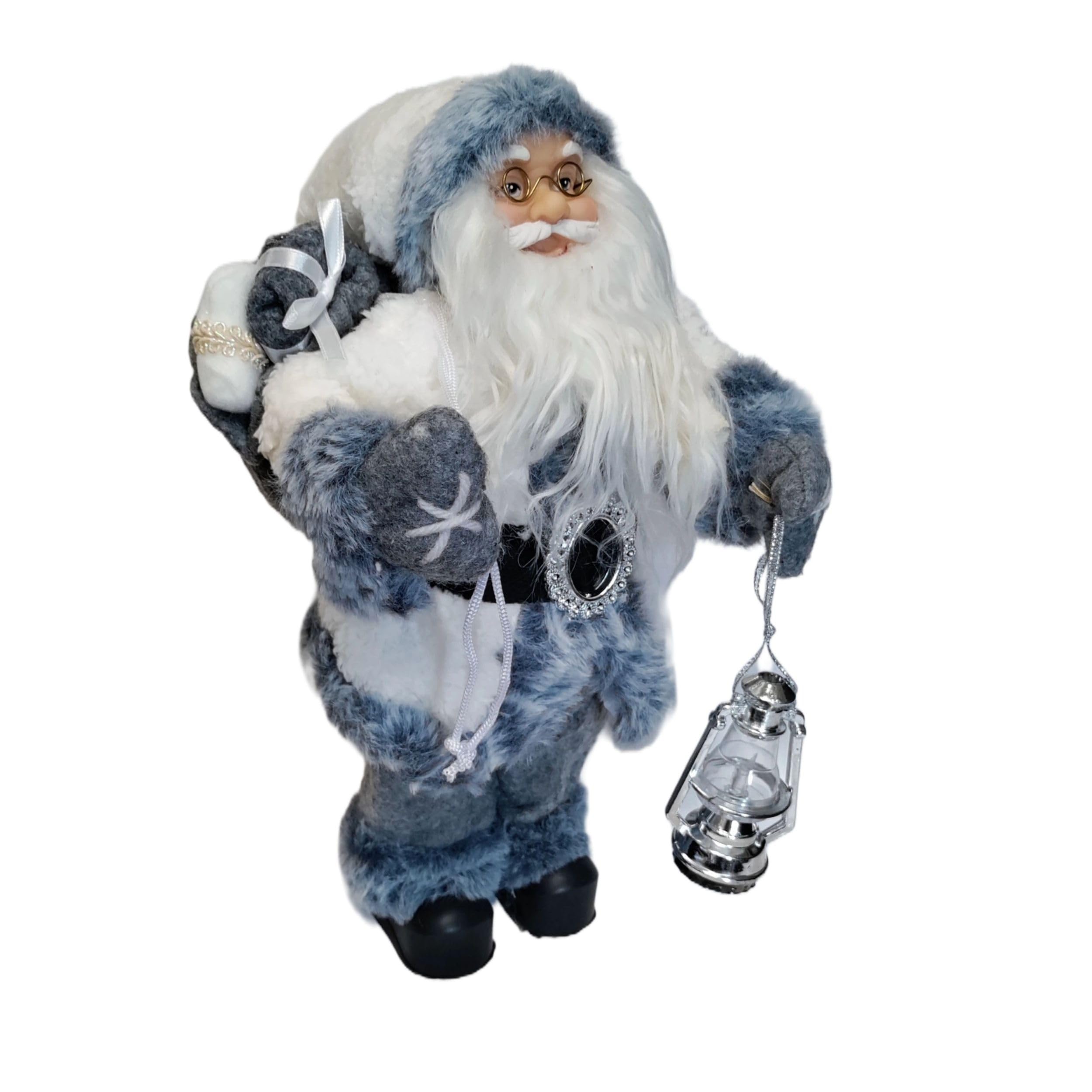 Kaemingk Père Noël debout traditionnel - Figurine Père Noël - Grande figurine de Noël - 60 cm - Manteau en fourrure blanche et grise tenant une lanterne - Décoration intérieure du Père Noël debout