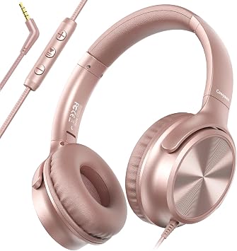 Cowyawn Over Ear Headphones Wired, Foldable 3.5mm Wired Headphones with Microphone, Volume Control, HD Stereo Sound, Lightweight Headphones for Adult/Teens/Chromebooks/Laptop/Computer/Tablets, Rose