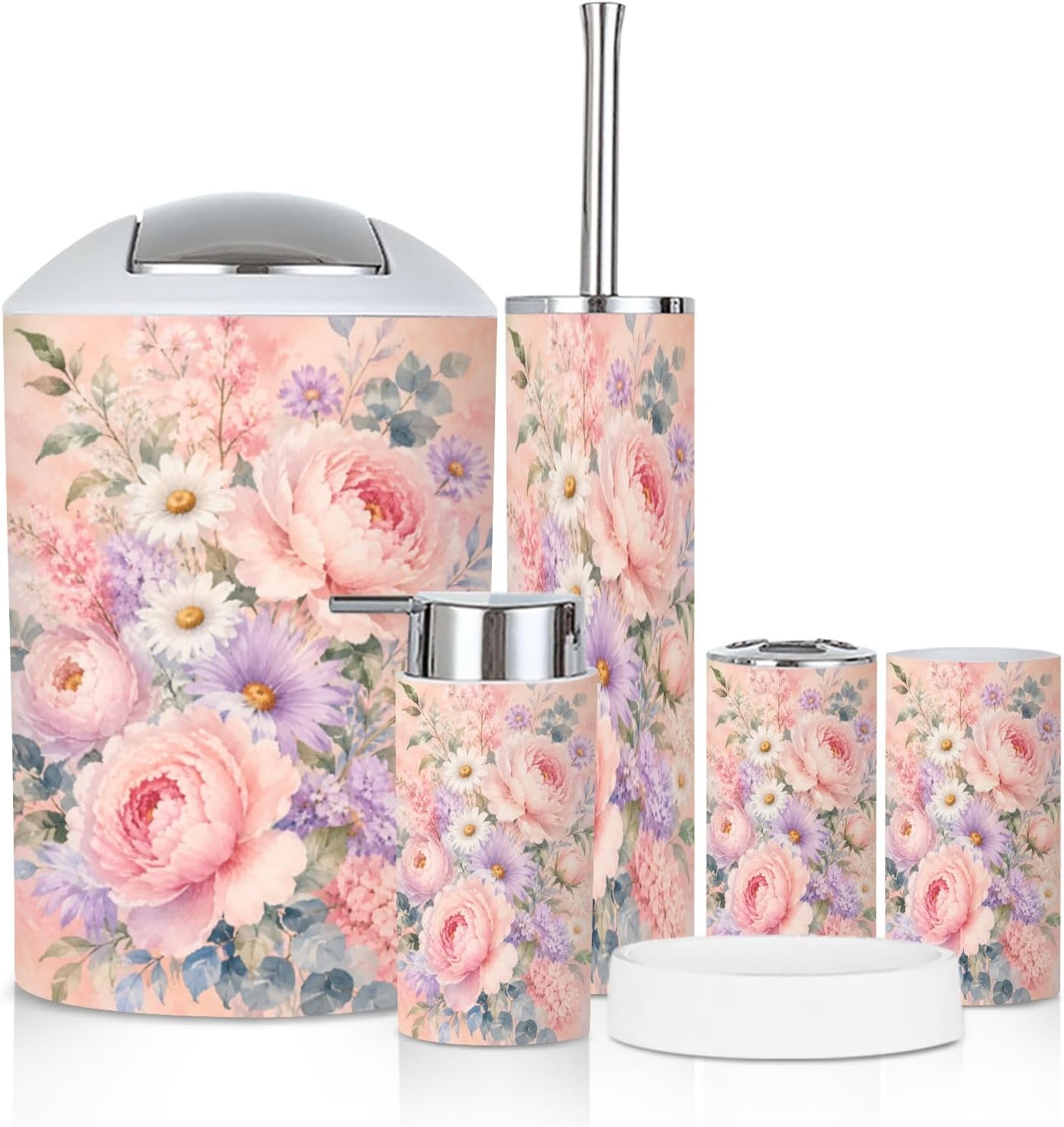 Bathroom Accessory Set 6PCS Watercolor Flowers Paisley Butterflies Birds Roses Peonies Trash Can, Soap Dispenser, Toothbrush Holder, Toothbrush Cup, Toilet Brush Holder, Soap Dish for Gift