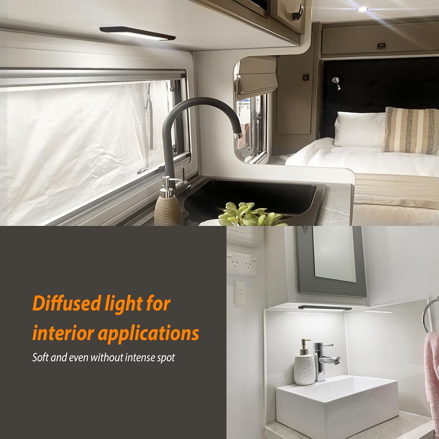 12v Under Cabinet Lighting LED Hand Swipe Sensor 12 Volt Under Counter Lights for RV Camper Boat Interior Kitchen Light 8.6 Inch 330lumens 6000K White Lighting Fixture, 1-Pack