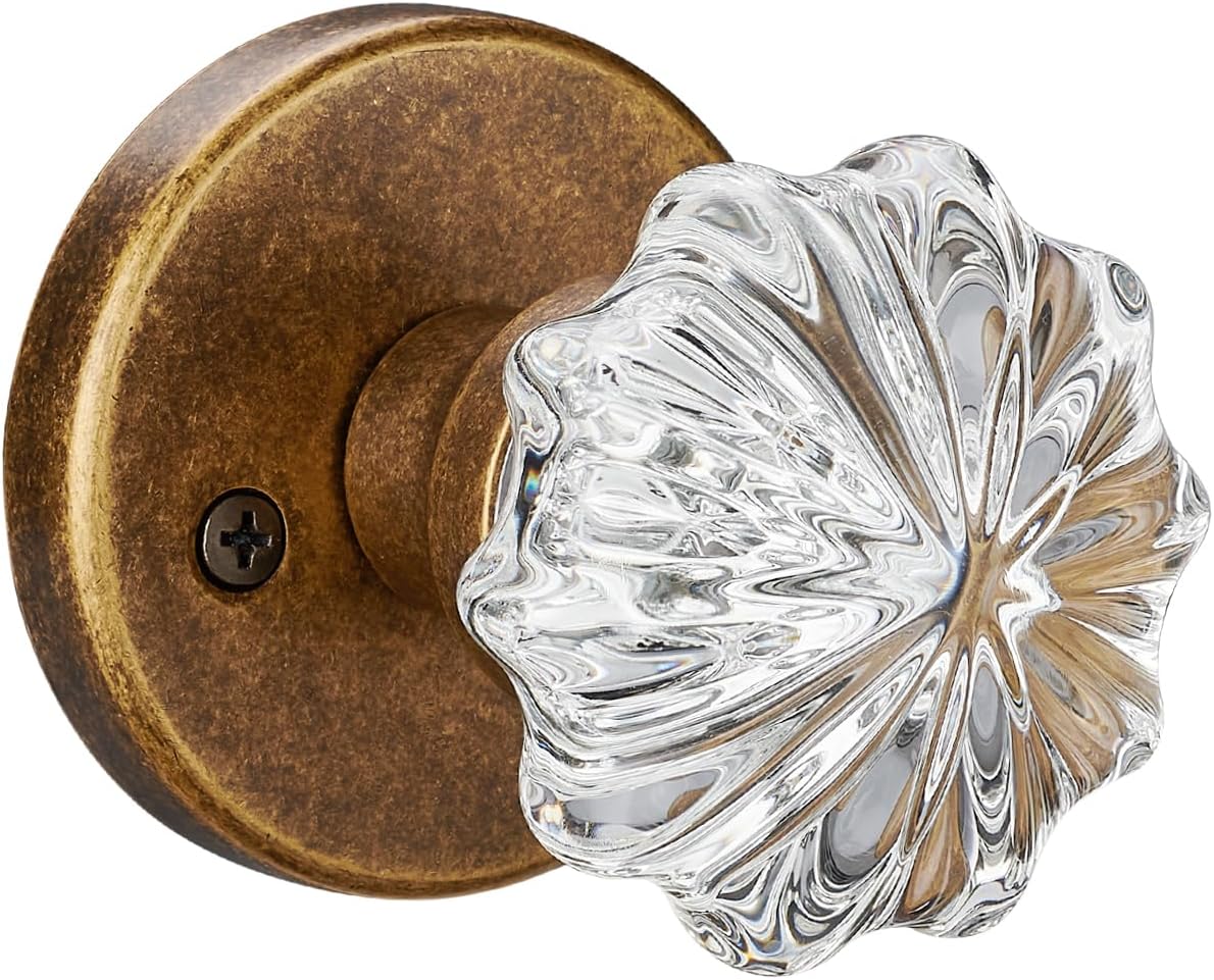 Aged Brass Crystal Passage Door Knob – Vintage Glass Interior Door Handle, Elegant Gold Hardware for Hallway, Closet, and Pantry