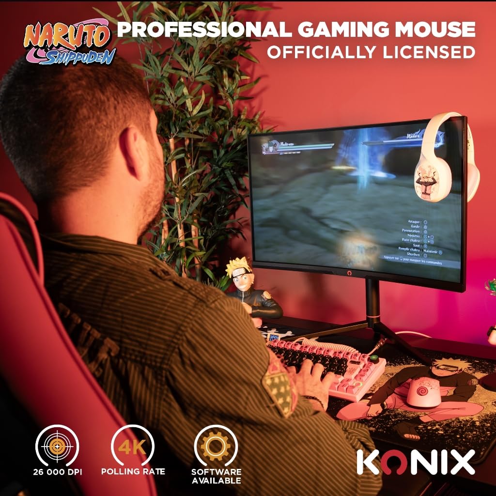 Konix Naruto Shippuden Souris Gaming Filaire/sans Fil PC - Édition Pro Collector Numérotée - 26 000 DPI - Autonomie 70 h - Motif Kurama/Kyûbi - Orange