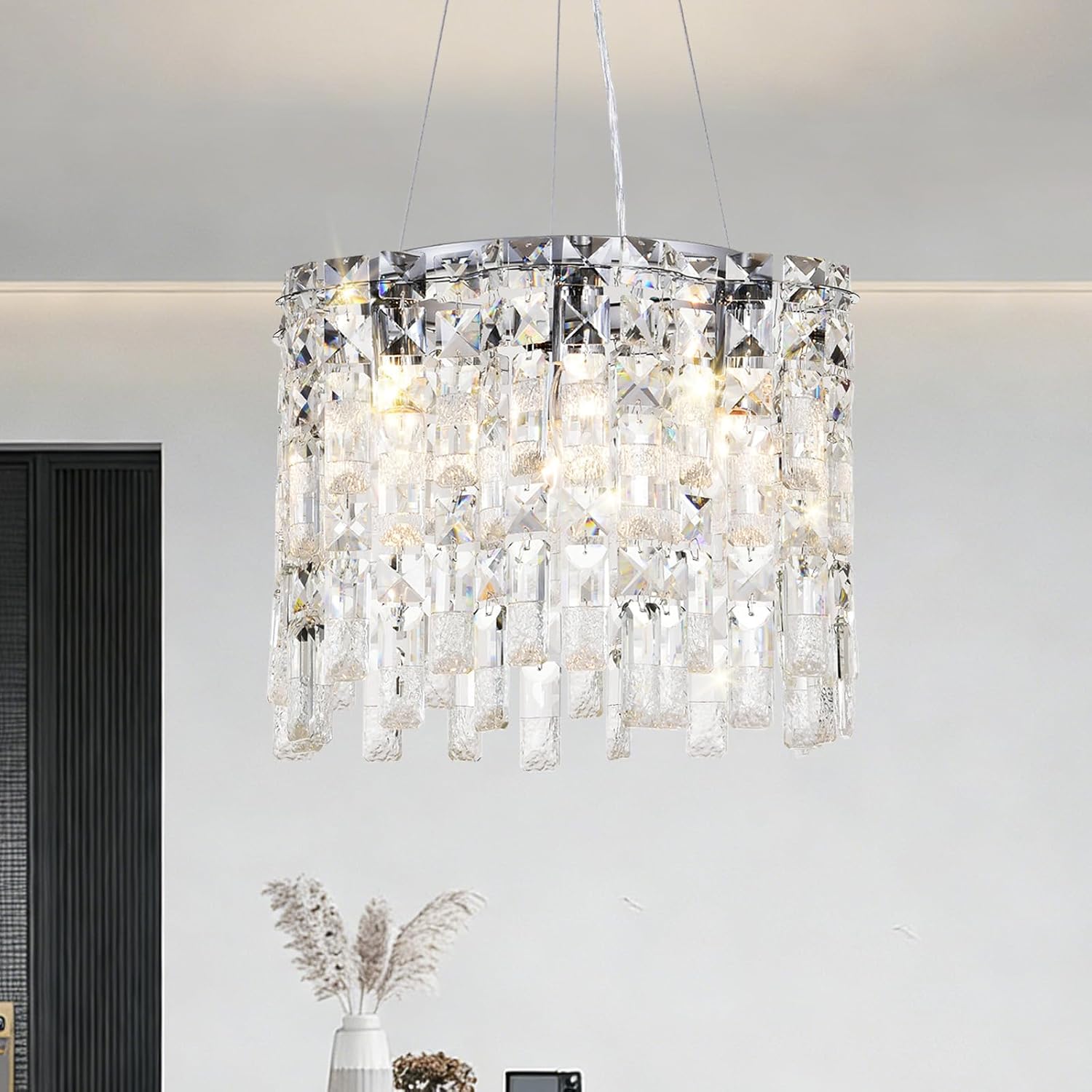6-Lights Frosted Crystal Chandelier Pendant Light Fixtures,E12 16Inch Recessed Ceiling Lights Chrome Length Adjustable Hanging Light for Living Room Bedroom Kitchen,Flower Pendant Lamp Indoor Lighting