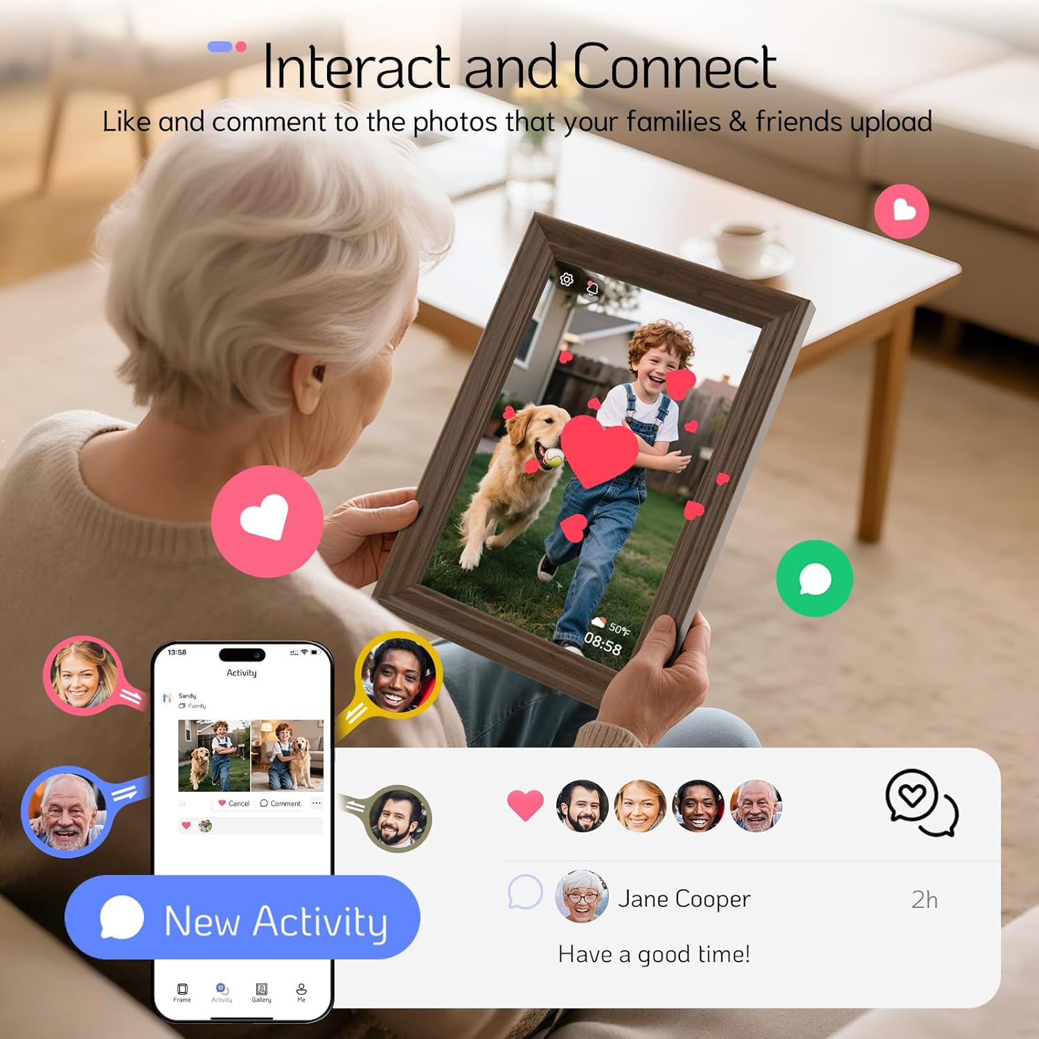 NexFoto 3K Digital Picture Frame 13.5 inch Touchscreen, WiFi Electronic Photo Frame 64GB, Add Pics from Google Photos, Share Photos/Videos via App/USB, Gifts for Mom/Grandparents/Birthday, Walnut